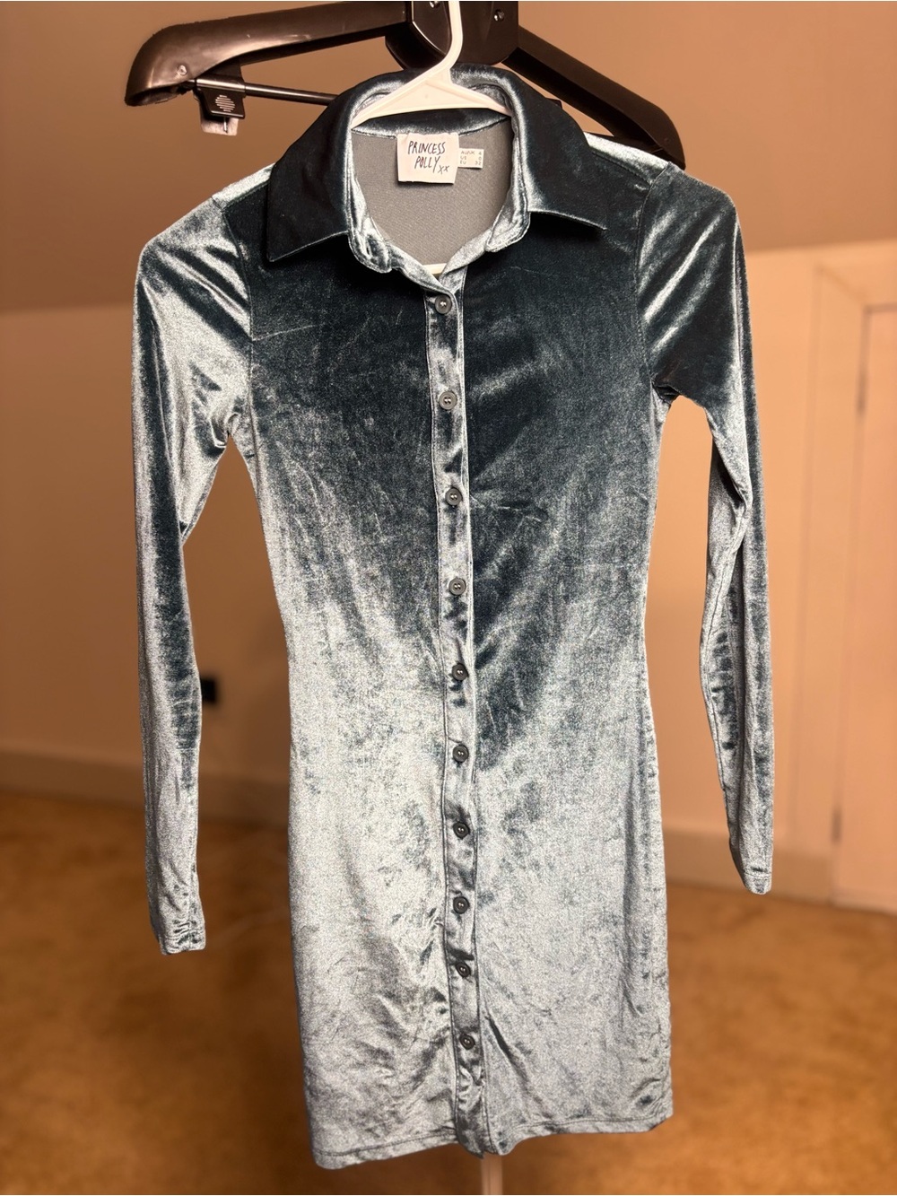 Princess Polly Silver-Blue Velvet Button-Front Long Sleeve Dress
